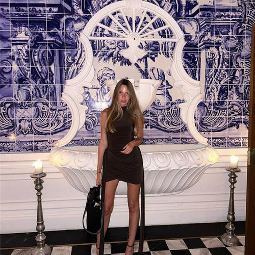 Load image into Gallery viewer, Turtleneck Sleeveless Sexy Mini Dress For Women Fashion Irregular Ruched Tank Dress Femme Elegant Club Party Dress
