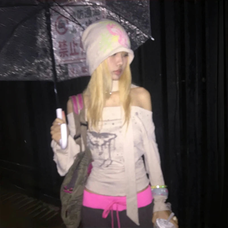 Japanese Y2k Off Shoulder Tops With Scarf Trashy 2000s Style Graffiti Print T-shirt Vintage Harajuku Flare Sleeve Tops