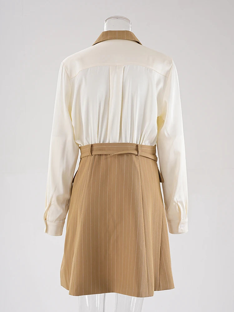 Women Khaki Striped Back Pleated Long Elegant Blazer New Lapel Long Sleeve Jacket Fashion Tide Spring Autumn 2025 CPDB201