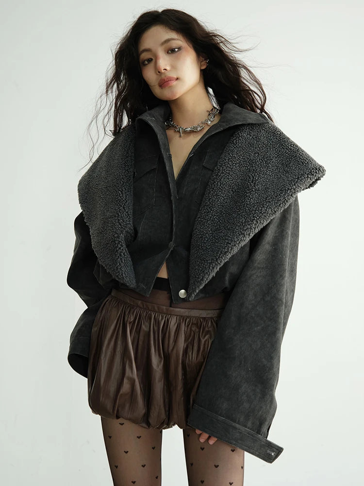 Gray Thick Double Layers Big Size Short Jacket New Hooded Long Sleeve Women Coat Fashion Tide Autumn Winter 2025 1DH8273