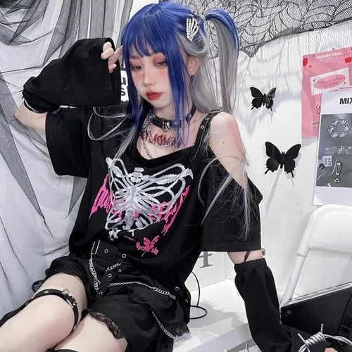 Load image into Gallery viewer, Y2k Aesthetic Black T Shirt Women Harajuku Off Shoulder Skull Print Gothic Graphic  Shirts Japanese Punk Grunge Streetwear ee
