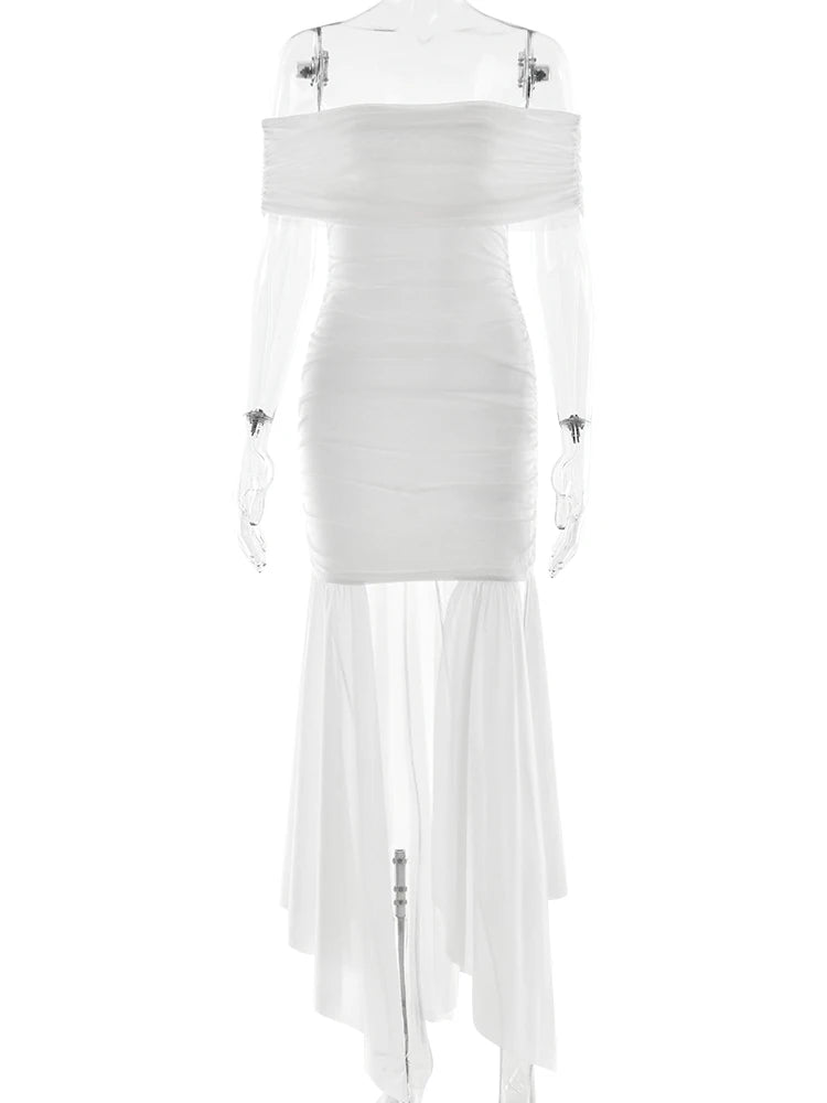 Elegant Sleeveless One Shoulder Mesh Patchwork Elastic Tight Dress Women Sexy Backless Perspective Party Club Vestido