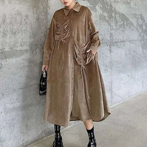 Load image into Gallery viewer, Women Khaki Drawstring Irregular Big Size Elegant Midi Dress New Long Sleeve Fashion Tide Spring Autumn 2025 1DH7270
