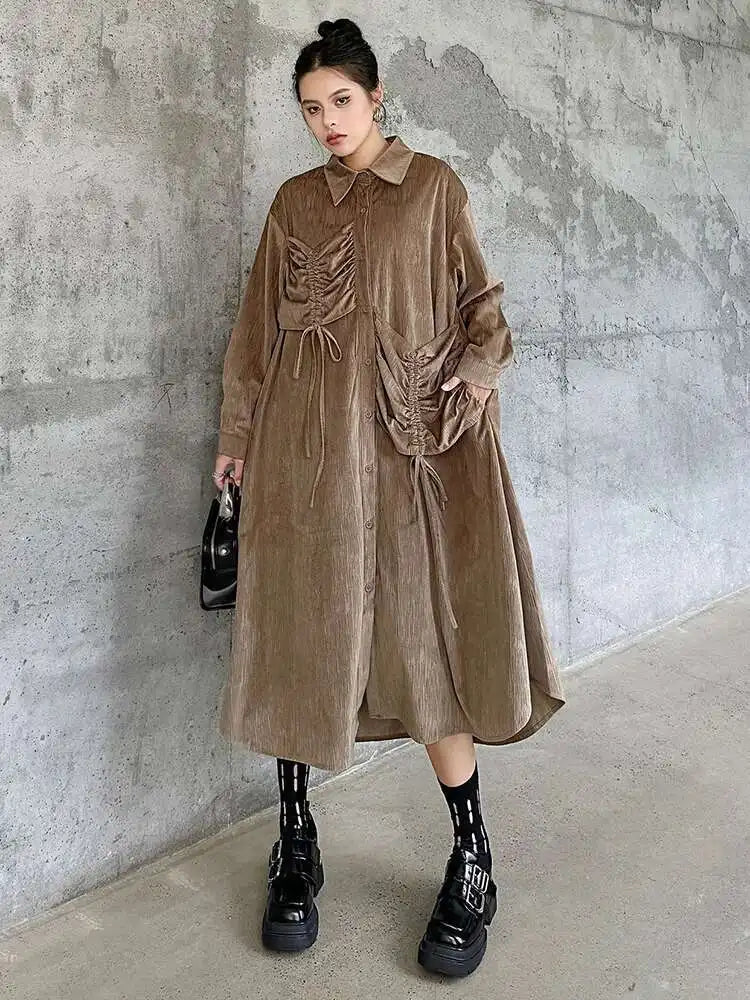 Women Khaki Drawstring Irregular Big Size Elegant Midi Dress New Long Sleeve Fashion Tide Spring Autumn 2025 1DH7270
