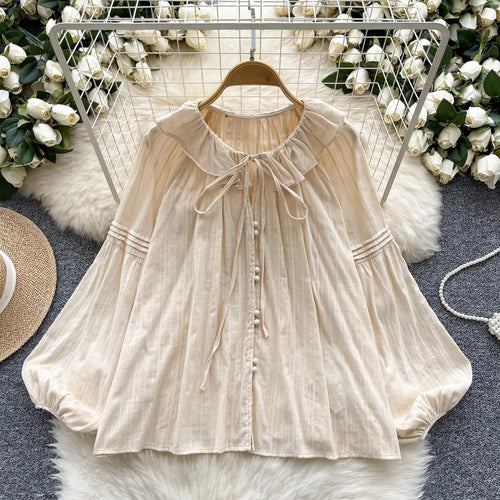 Load image into Gallery viewer, French Woman Solid Long Sleeve Lace-up Shirt Ladies Sweet Ruffle Edges Blouse Autumn Fashion New Single Breasted Short Tops Chic
