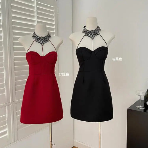 Load image into Gallery viewer, French Black Diamond Backless Halter Lace-up Short Dress Summer Red Sexy Club High Waist Elegant Sleeveless Party Evening Dress
