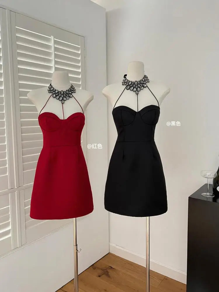 French Black Diamond Backless Halter Lace-up Short Dress Summer Red Sexy Club High Waist Elegant Sleeveless Party Evening Dress