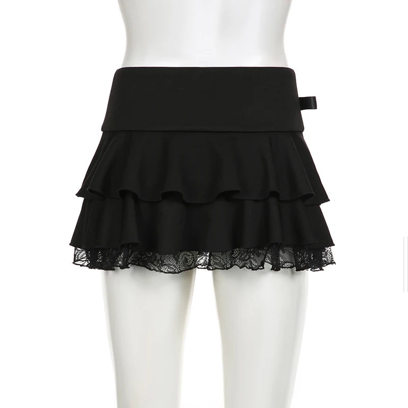 Gothic Y2K Aesthetic Mini Skirt Low Waist Bow Dark Academia Lace Trim A-Line Women's Skirt Girls Short Double Layer