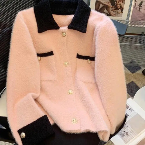 Load image into Gallery viewer, Autumn Winter Retro Sweet Pink White Patchwork Elegant Knitted Cardigan Tops Women French Single Breasted Long Sleeve Sweaters
