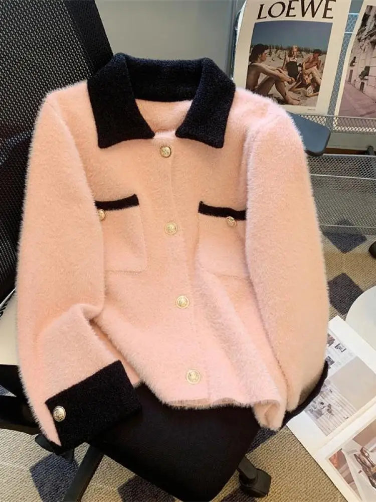 Autumn Winter Retro Sweet Pink White Patchwork Elegant Knitted Cardigan Tops Women French Single Breasted Long Sleeve Sweaters