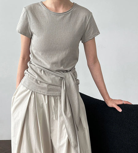 Women White Gray Waist Bandage Brief Elegant T-shirt New Round Neck Short Sleeve Fashion Tide Spring Summer 2025  1DJ1897