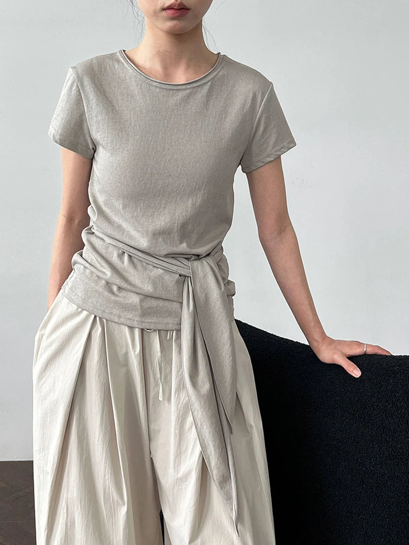 Women White Gray Waist Bandage Brief Elegant T-shirt New Round Neck Short Sleeve Fashion Tide Spring Summer 2025  1DJ1897