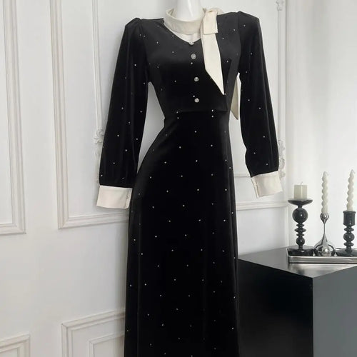 Load image into Gallery viewer, Autumn Winter 2024 French Black Velvet Patchwork Dot Elegant Single Breasted Dress Women V Neck Long Sleeved Party Evening Dress

