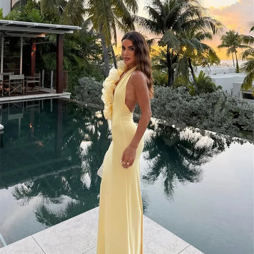 Load image into Gallery viewer, Mesh Rose Deep V Neck Sexy Maxi Dress For Women Gown Elegant Halter Sleeveless Backless Bodycon Club Party Long Dress
