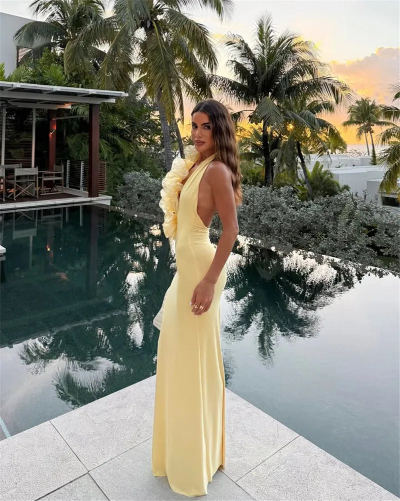 Mesh Rose Deep V Neck Sexy Maxi Dress For Women Gown Elegant Halter Sleeveless Backless Bodycon Club Party Long Dress