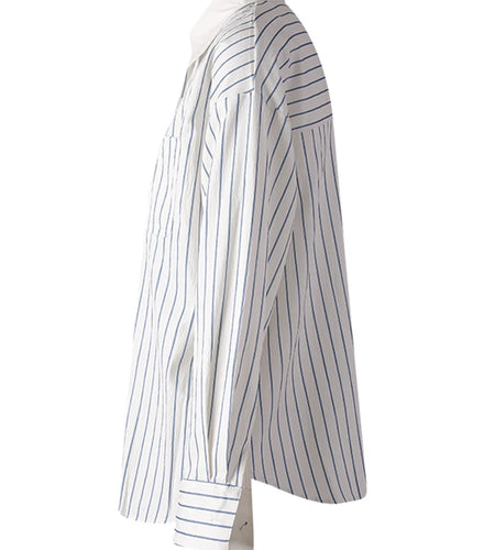 Women Blue Striped Textured Big Size Elegant Blouse New Lapel Long Sleeve Shirt Fashion Tide Spring Autumn 2025 CPG3188