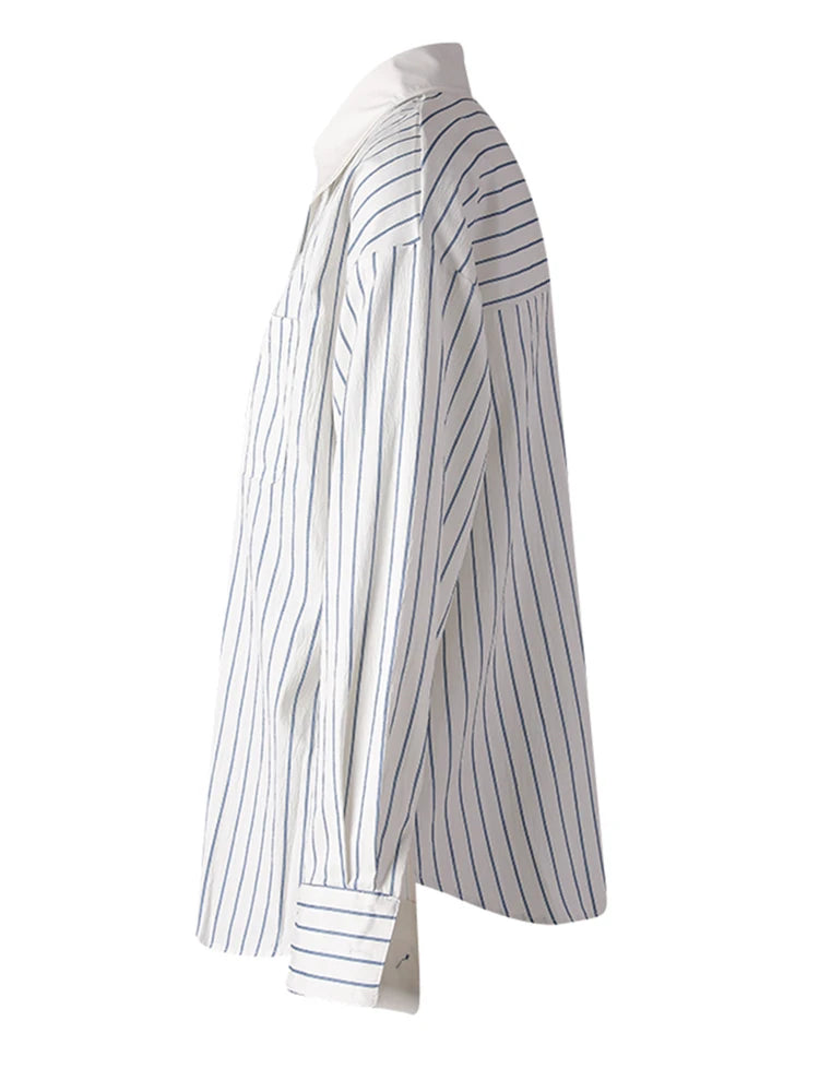 Women Blue Striped Textured Big Size Elegant Blouse New Lapel Long Sleeve Shirt Fashion Tide Spring Autumn 2025 CPG3188