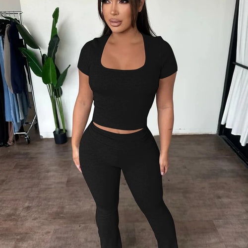 Load image into Gallery viewer, Ribbed 2 Piece Sets Solid Square Collar Short Sleeve Sexy Crop T-Shirt Pants Summer Women Casual Outfits Sport Vacation
