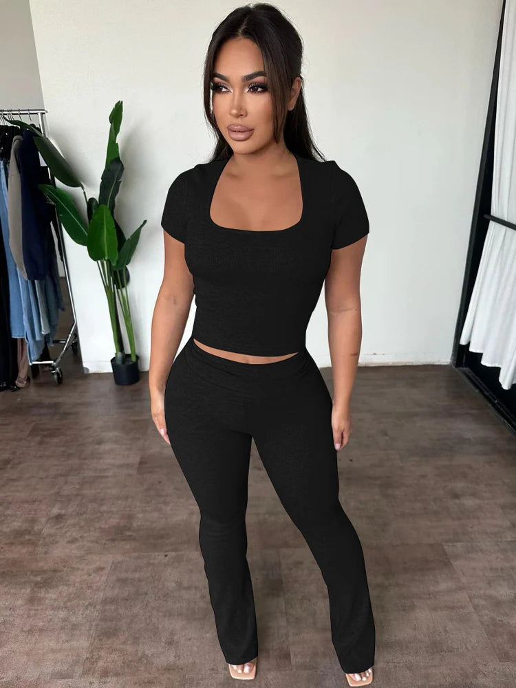 Ribbed 2 Piece Sets Solid Square Collar Short Sleeve Sexy Crop T-Shirt Pants Summer Women Casual Outfits Sport Vacation