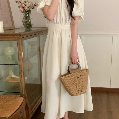 Load image into Gallery viewer, Chiffon Slim Waist Back Hollow Out Dress Lady Korean Fashion Puff Sleeve Dresses Women Summer Elegant Lace-up Midi Dress
