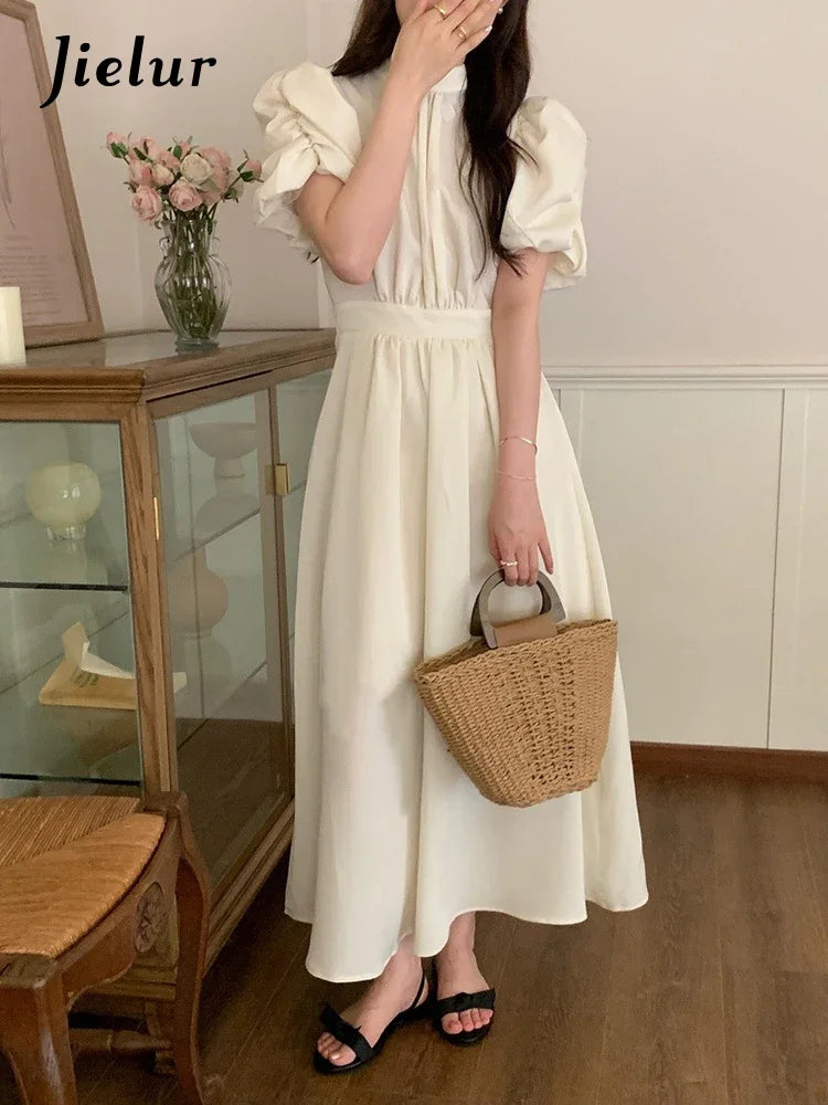 Chiffon Slim Waist Back Hollow Out Dress Lady Korean Fashion Puff Sleeve Dresses Women Summer Elegant Lace-up Midi Dress