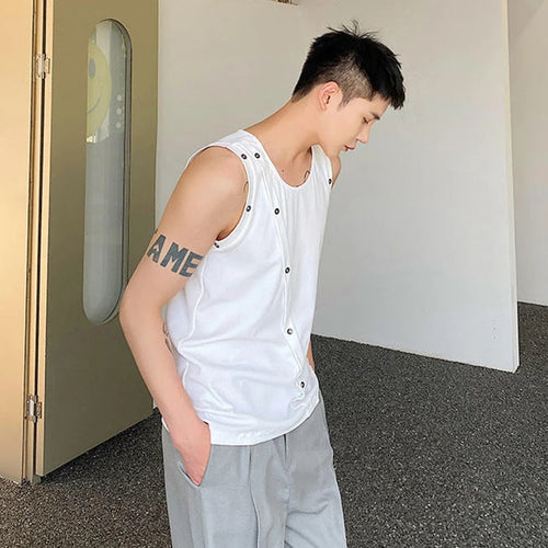 Load image into Gallery viewer, Summer Tight Fitting Vest Round Neck Sleeveless Men&#39;s Tank Top Personalized Button Shoulderless Fashion Solid Color 9C5330
