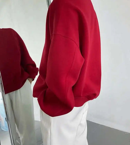 Red Apricot Casual Plain Sweatshirt New Round Neck Long Sleeve Women Big Size Fashion Tide Spring Autumn 2025 1DH6655