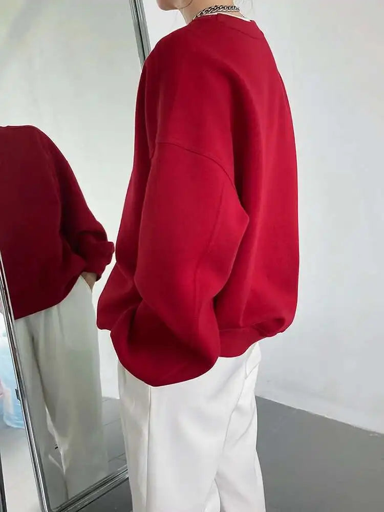 Red Apricot Casual Plain Sweatshirt New Round Neck Long Sleeve Women Big Size Fashion Tide Spring Autumn 2025 1DH6655