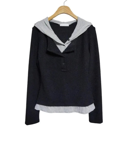 Korean Woman T Shirts Fake Two Y2k Tops Fashion Simple Tees 2024 Ropa Mujer Tunic Long Sleeve Camisetas Hooded Casual Tshirt