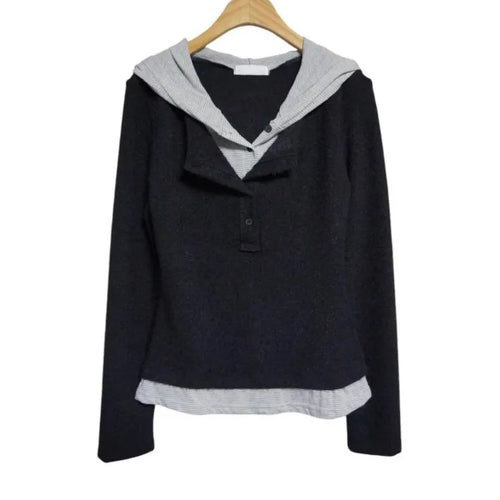 Load image into Gallery viewer, Korean Woman T Shirts Fake Two Y2k Tops Fashion Simple Tees 2024 Ropa Mujer Tunic Long Sleeve Camisetas Hooded Casual Tshirt
