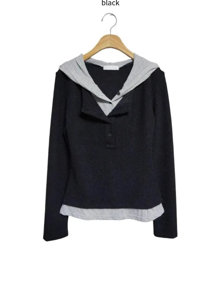 Korean Woman T Shirts Fake Two Y2k Tops Fashion Simple Tees 2024 Ropa Mujer Tunic Long Sleeve Camisetas Hooded Casual Tshirt