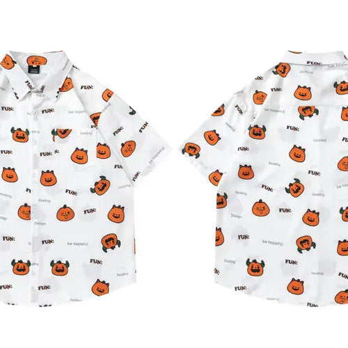 Load image into Gallery viewer, Hawaiian Shirts Funny Cartoon Pumpkin Graphic Printed Summer Beach Blouse Harajuku Hip Hop Casual Baggy Button Short Sleeve Tops
