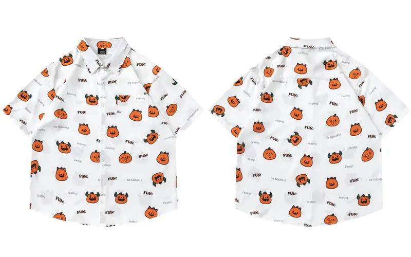 Hawaiian Shirts Funny Cartoon Pumpkin Graphic Printed Summer Beach Blouse Harajuku Hip Hop Casual Baggy Button Short Sleeve Tops