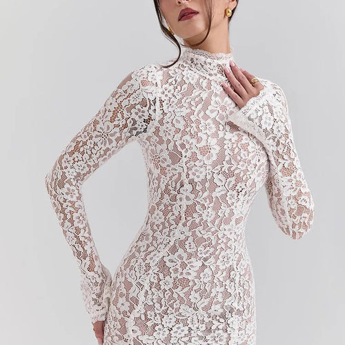 Load image into Gallery viewer, Elegant Lace Long Sleeve Bodycon Party Evening Dress Women 2025 New Autumn/Winter Tight Half High Neck Fishtail Dress
