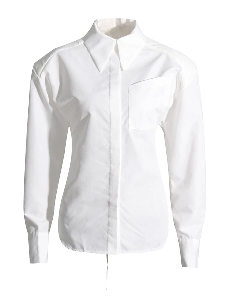 Korean Fashion White Shirt For Women Lapel Long Sleeve Backless Solid Button Through Blouse Female Clothes