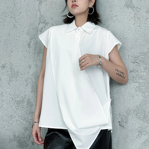 Load image into Gallery viewer, Women White Irregular Spliced Big Size Casual Blouse New Lapel Short Sleeve Shirt Fashion Tide Spring Summer 2025 1DJ1340
