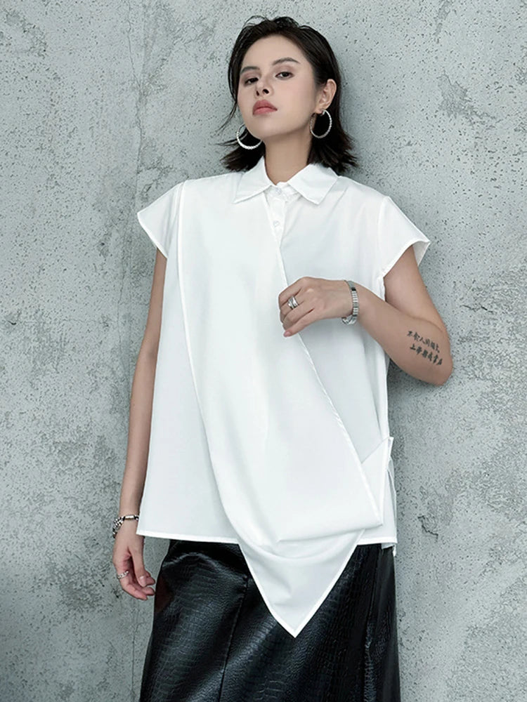 Women White Irregular Spliced Big Size Casual Blouse New Lapel Short Sleeve Shirt Fashion Tide Spring Summer 2025 1DJ1340