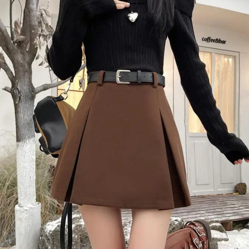 Load image into Gallery viewer, Black Party Woolen Mini Skirt Women Autumn Winter Brown A Line Wrap Hip Short Skirts Korean Fashion Harajuku Thick Pleated Skirt
