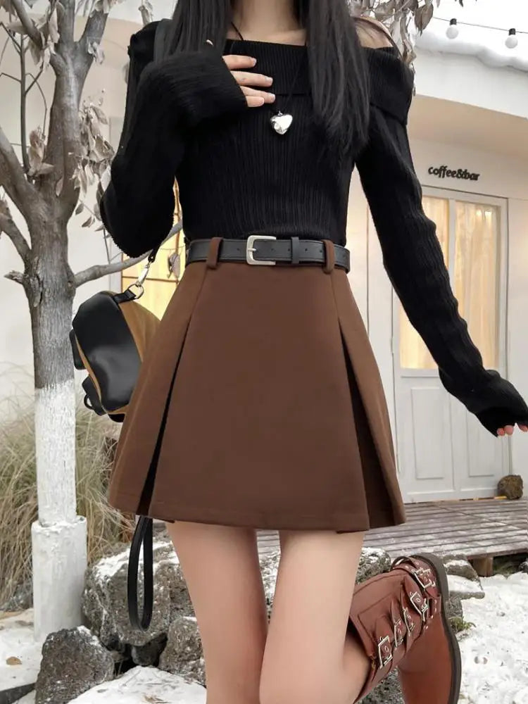 Black Party Woolen Mini Skirt Women Autumn Winter Brown A Line Wrap Hip Short Skirts Korean Fashion Harajuku Thick Pleated Skirt