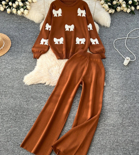 Autumn Winter Two Pieces Set Women Bow Embroidery Round Neck Knitted Sweater And High Waist Straight Wide Legs Pant Suit Popular