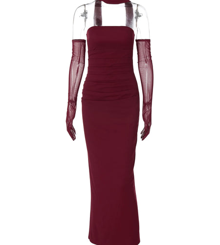 Scarf Solid Strapless Mesh Gloves Elegant Sexy Bodycon Maxi Prom Dress Fall Winter Women Y2K Clothes Party Christmas