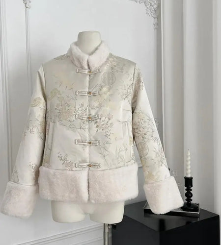 Vintage Winter New Chinese Style Beige Patchwork Embroidered Short Coat Women's Elegant Single Breasted Warm Cotton Jacket Trend