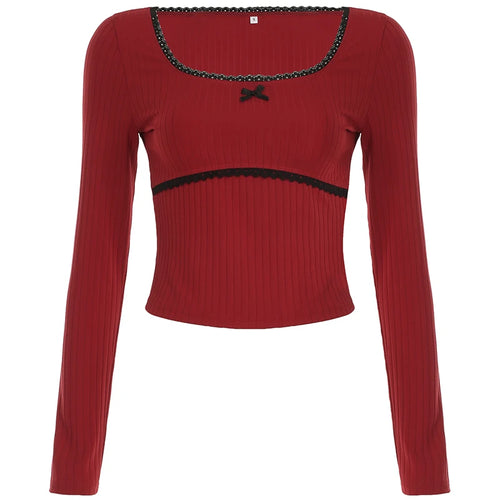 Load image into Gallery viewer, Y2K Fashion Red Lace Patchwork With Bow T-shirts Women's Square Neck Long Sleeve Cutecore Cropped Tops Spring Clothes
