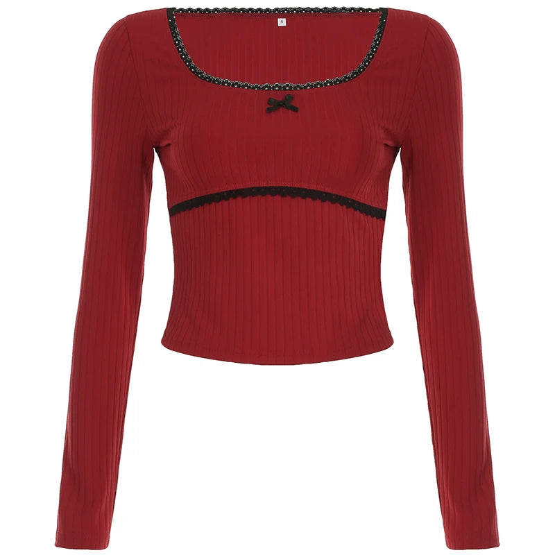 Y2K Fashion Red Lace Patchwork With Bow T-shirts Women's Square Neck Long Sleeve Cutecore Cropped Tops Spring Clothes