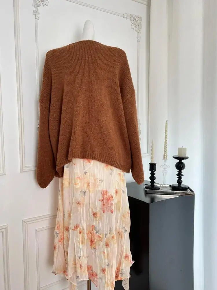 French Fashion Women's New Brown Long Sleeve Cardigan Sweaters Coat Autumn Winter V-neck Loose Crochet Knit Tops Casual Holiday