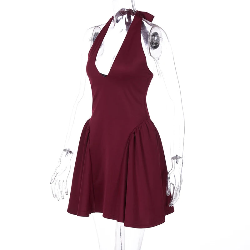 Deep V Neck Backless Sexy Mini Dress For Women Elegant Halter Sleeveless High Waist A-line Pleated Club Party Dress