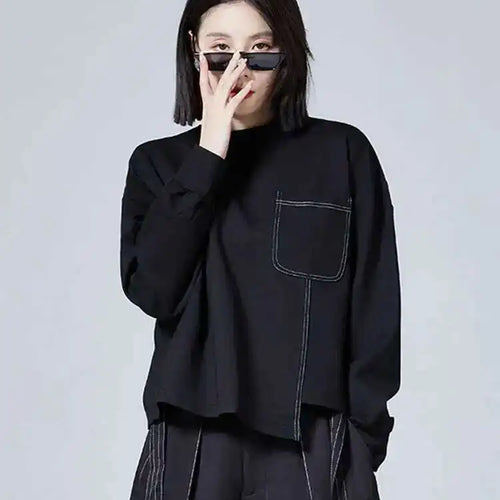 Load image into Gallery viewer, Women Black Topstitched Big Size Irregular T-shirt New Round Neck Long Sleeve Fashion Tide Spring Autumn 2025 1DF0629
