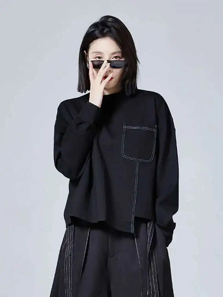 Women Black Topstitched Big Size Irregular T-shirt New Round Neck Long Sleeve Fashion Tide Spring Autumn 2025 1DF0629