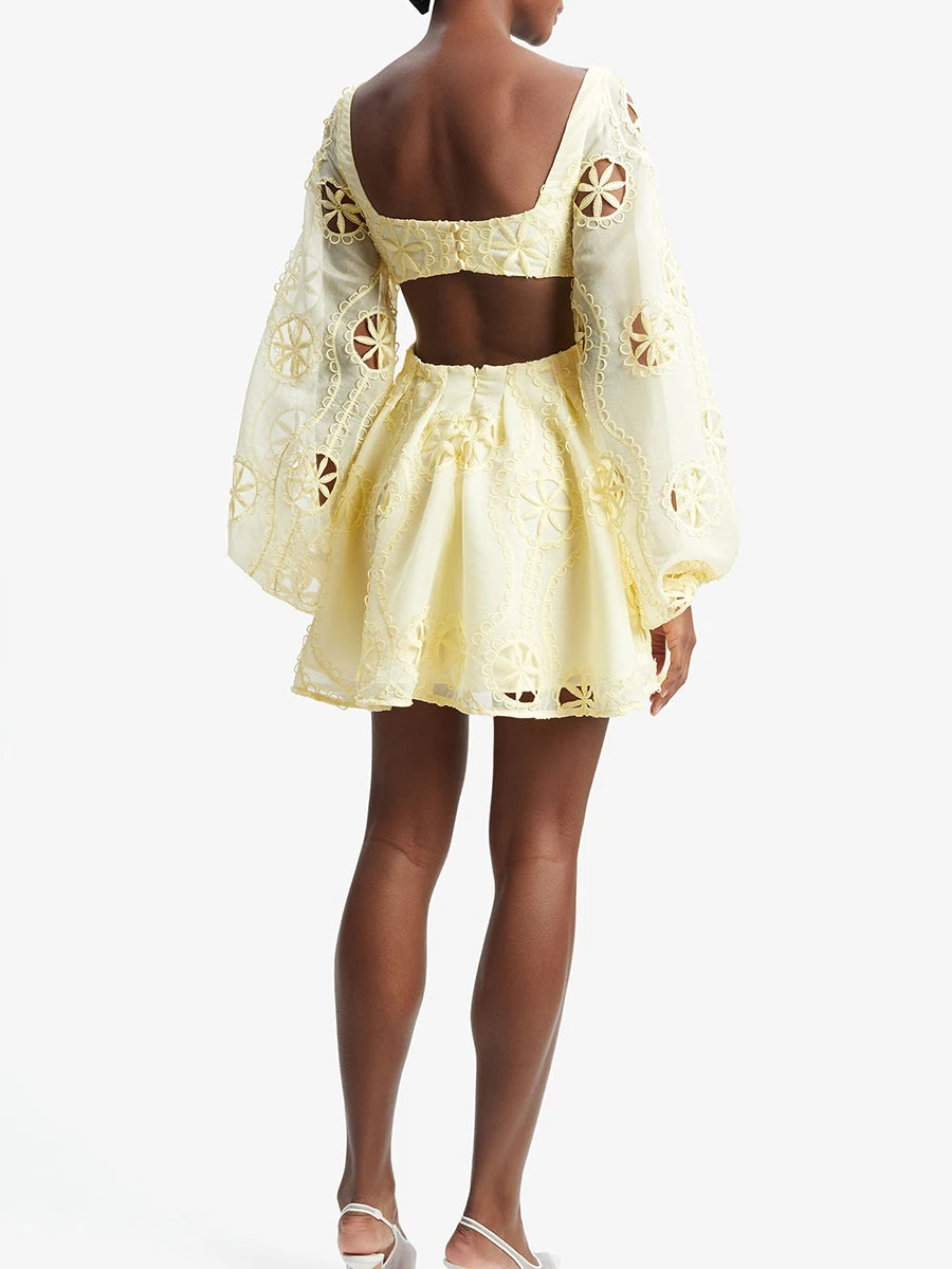 Solid Hollow Out Loose Dresses For Women V Neck Long Sleeve High Waist Temperament Mini Dress Female Fashion New