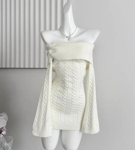 Autumn Winter Korean White Off Shoulder Slim Long Sleeve Twisted Short Dress Women Festival Backless Wrap Hip Knitted Dress Chic